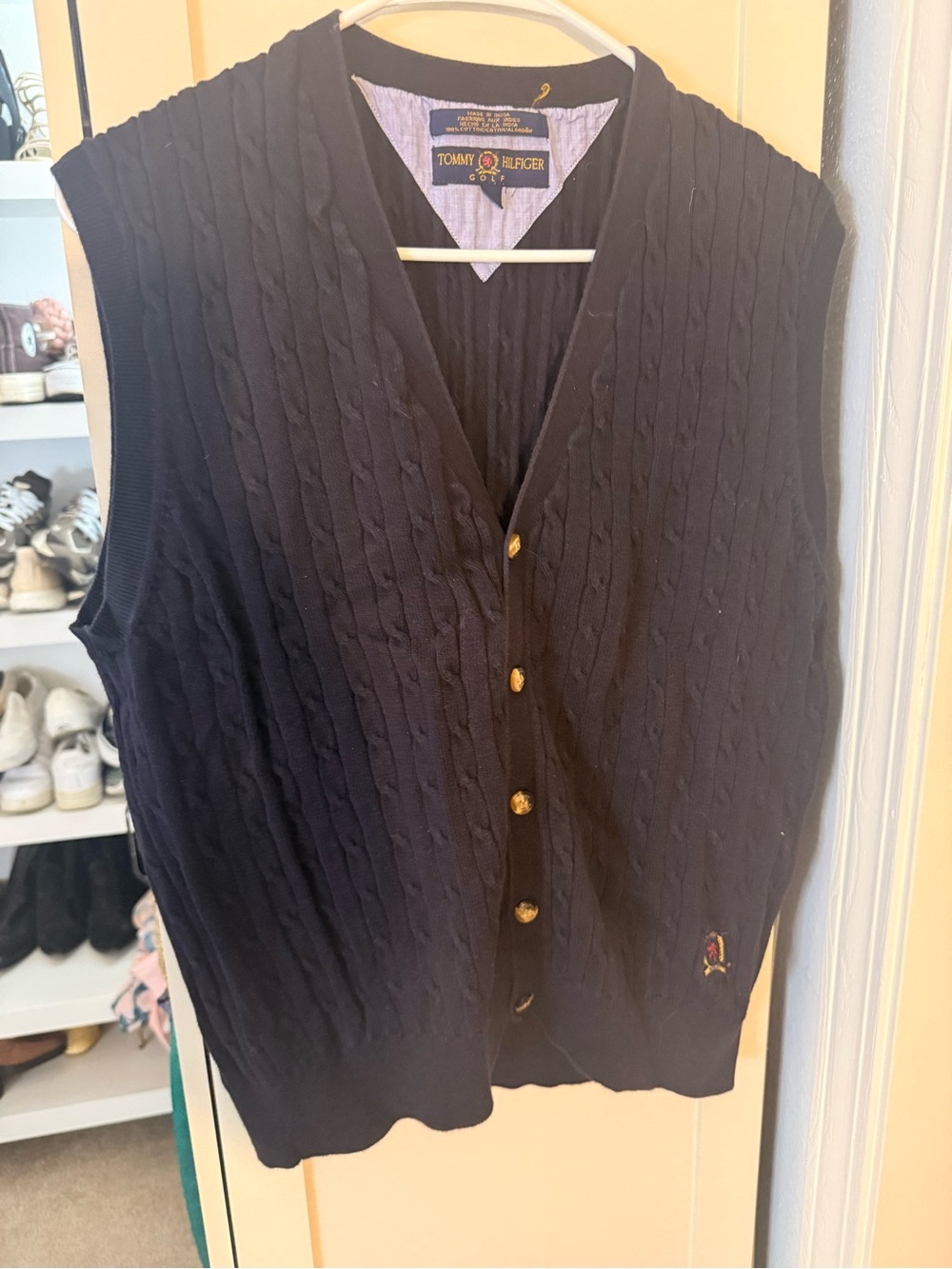 VTG Tommy Hilfiger Golf Men's Navy Cable-Knit Button Cardigan Vest
